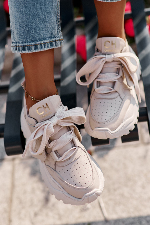 Dames Leer Sneakers model schoenen beige CheBello 4583