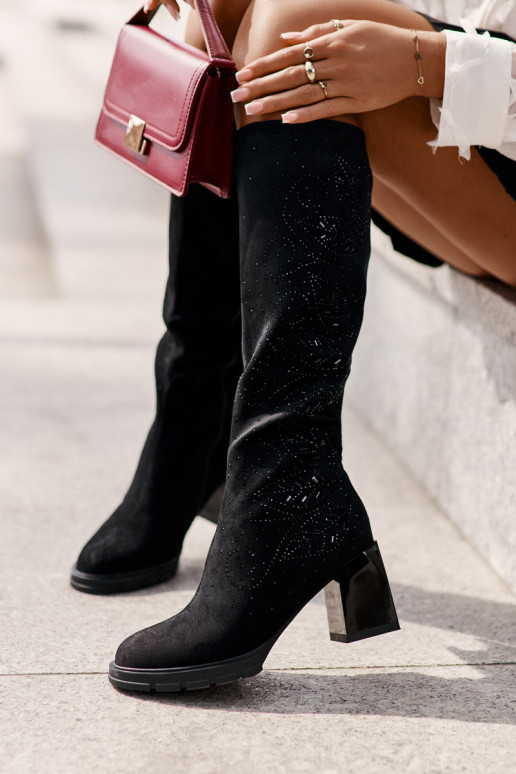 Versierd dameslaarzen Vóór de knie opInarmen met hakken MR880-158 zInart