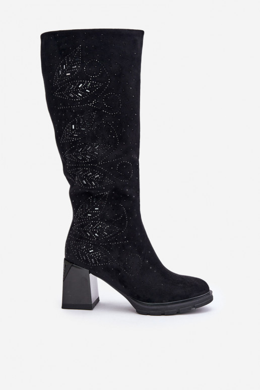 Versierd dameslaarzen Vóór de knie opInarmen met hakken MR880-158 zInart