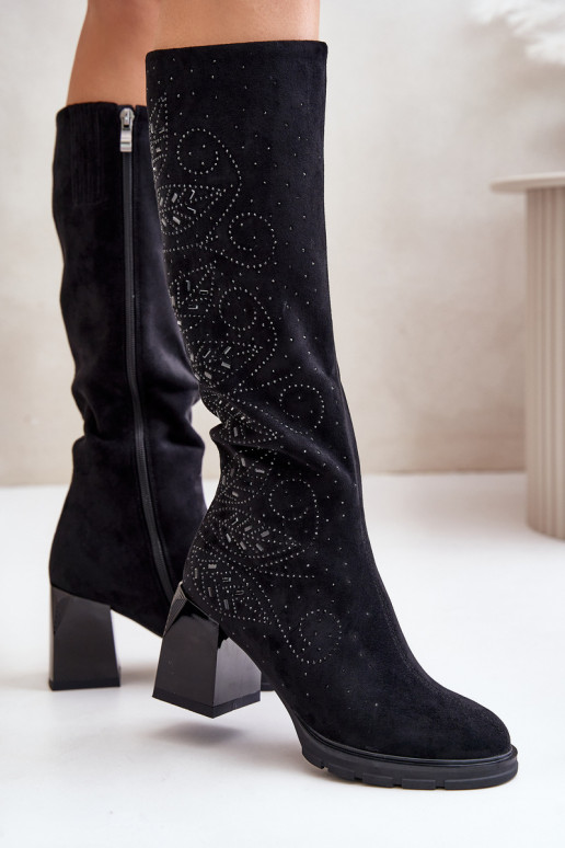 Versierd dameslaarzen Vóór de knie opInarmen met hakken MR880-158 zInart