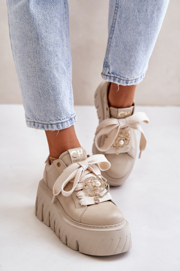 Sneakers model schoenen Dames met trendy massieve zolen met gouden details CheBello 4530 beige