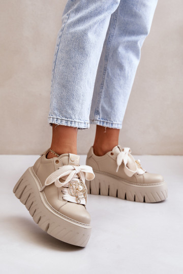 Sneakers model schoenen Dames met trendy massieve zolen met gouden details CheBello 4530 beige 2