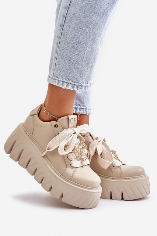 Sneakers model schoenen Dames met trendy massieve zolen met gouden details CheBello 4530 beige Sneakers model schoenen Dames met trendy massieve zolen met gouden details CheBello 4530 beige