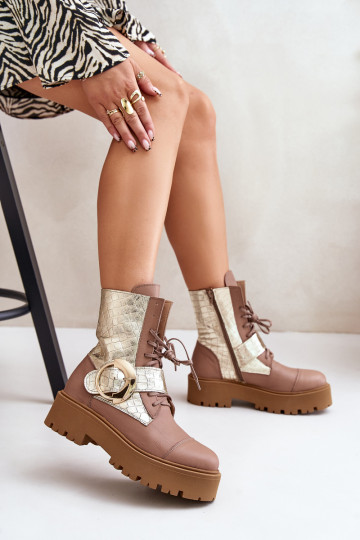 Zazoo 2942 Leer Enkellaarsjes voor Inerknemers met gouden gespen beige