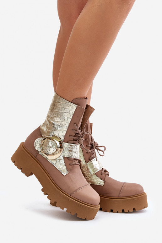 Zazoo 2942 Leer Enkellaarsjes voor Inerknemers met gouden gespen beige Zazoo 2942 Leer Enkellaarsjes voor Inerknemers met gouden gespen beige