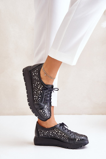 Zazoo 2973 leren schoenen met platform en uitgesneden elementen, zwarte kleur 2
