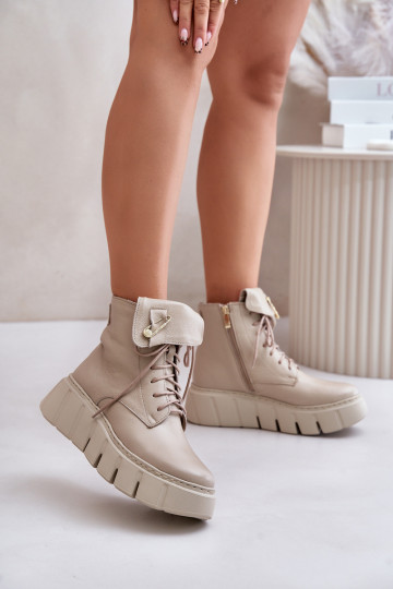 Zazoo 60511 leren dames verwarmde enkellaarzen met platform, zandkleur