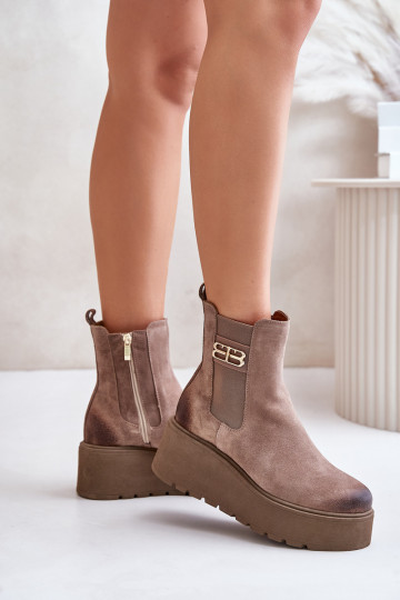 Zazoo 60498 dames nubuck stijlvolle enkellaarzen met platform en sleehak, zandkleur