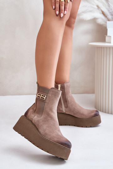 Zazoo 60498 dames nubuck stijlvolle enkellaarzen met platform en sleehak, zandkleur 2