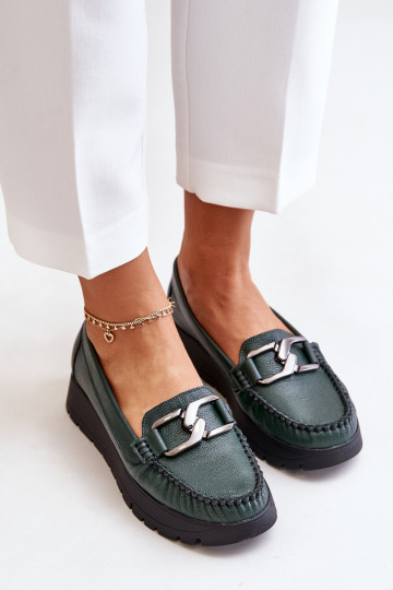 Zazoo 10141 leren mocassins met platform en ornamenten, chaki kleur