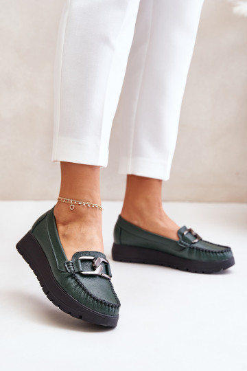 Zazoo 10141 leren mocassins met platform en ornamenten, chaki kleur 2