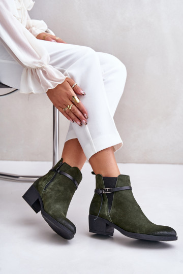 Zazoo 60478 nubuck verwarmde enkellaarzen met hakken en sleehak, chaki kleur