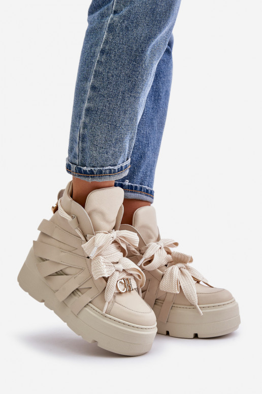 Leer Sneakers model schoenen Dames met platform CheBello 4561 beige Leer Sneakers model schoenen Dames met platform CheBello 4561 beige