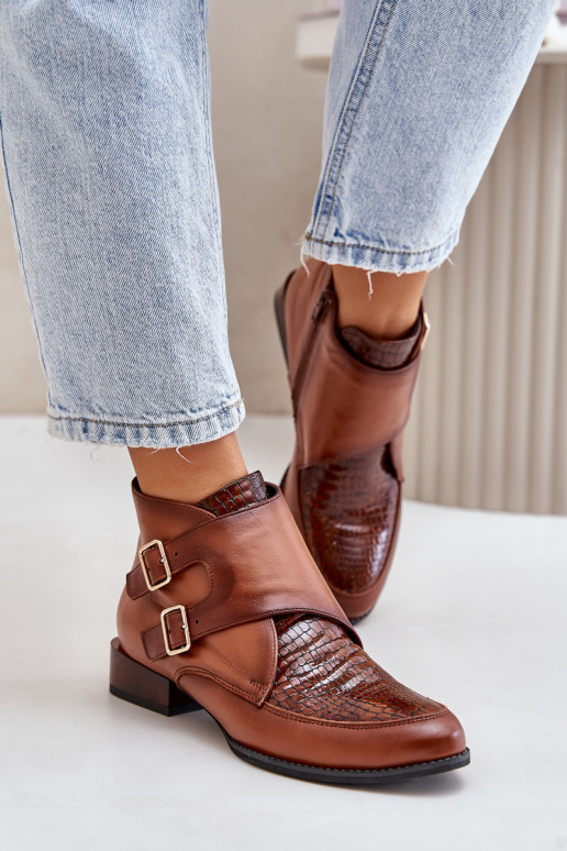 Leer Laarzen Op een lage hak met gespen Het heeftciejka 06696-02 bruine kleur