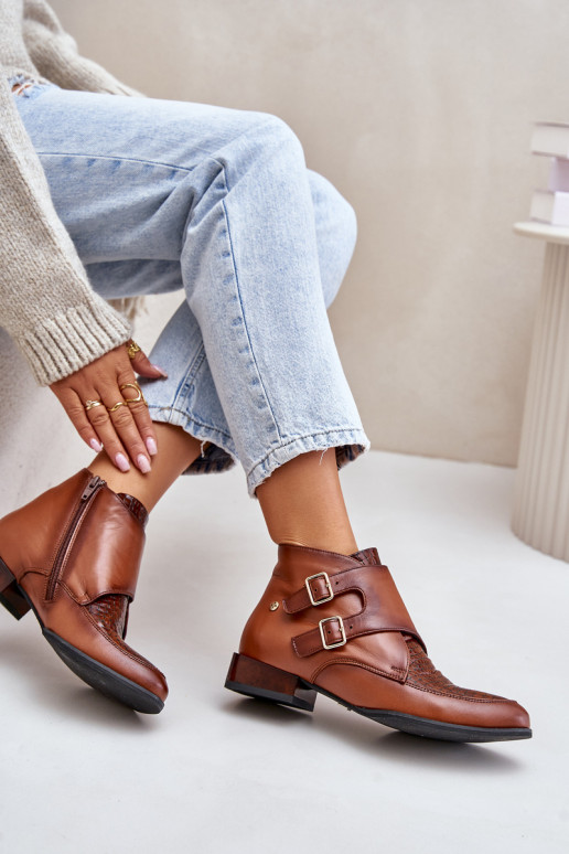 Leer Laarzen Op een lage hak met gespen Het heeftciejka 06696-02 bruine kleur