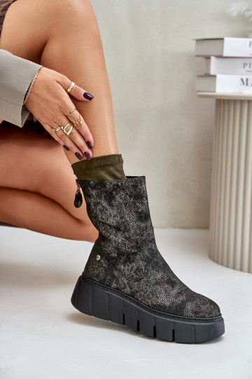 Leer Dameslaarzen met platform Het heeftciejka 06766-09 kaki kleuren