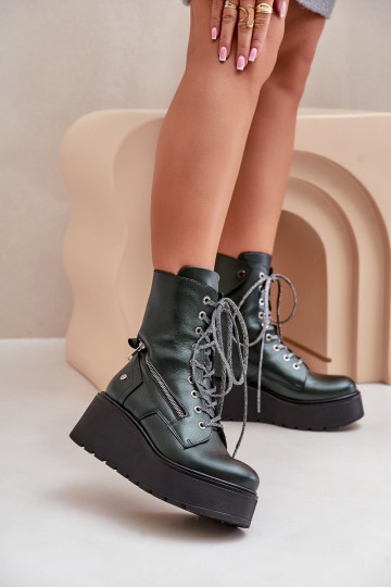Leren werkankleboots met platform in groen 2