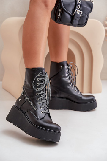 Leren werkankleboots met platform in zwart 2