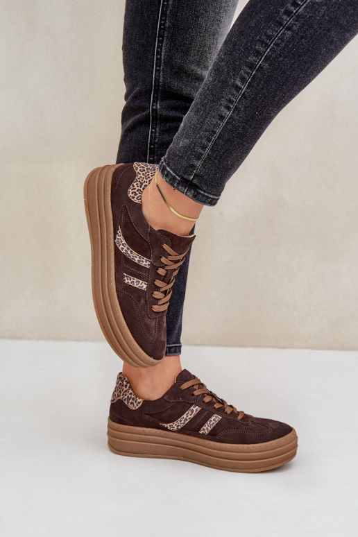 Zazoo N1176 van suède Sneakers model schoenen met platform met luipaardbontpatronen CzekoladoIne