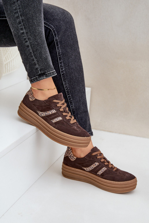 Zazoo N1176 van suède Sneakers model schoenen met platform met luipaardbontpatronen CzekoladoIne