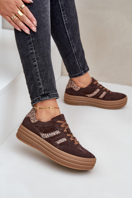 Zazoo N1176 van suède Sneakers model schoenen met platform met luipaardbontpatronen CzekoladoIne
