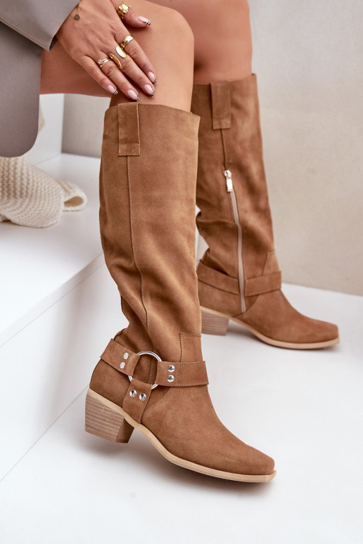 van suède laarzen Op een lage hak met laarzen Vóór de knie Zazoo 3444/O bruine kleur van suède laarzen Op een lage hak met laarzen Vóór de knie Zazoo 3444/O bruine kleur