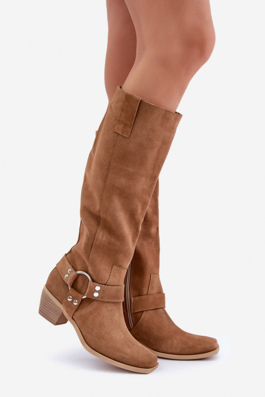 van suède laarzen Op een lage hak met laarzen Vóór de knie Zazoo 3444/O bruine kleur van suède laarzen Op een lage hak met laarzen Vóór de knie Zazoo 3444/O bruine kleur