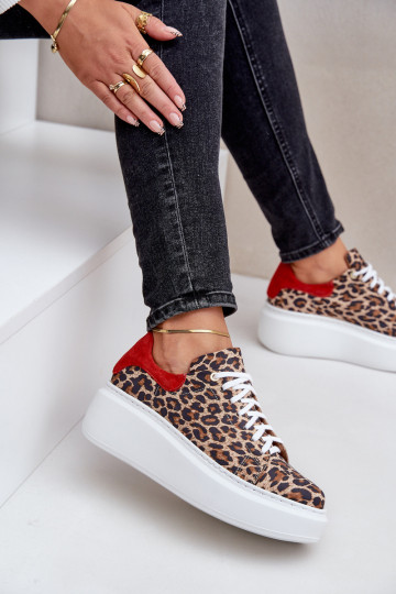 Leer Sneakers model schoenen met platform met luipaardbontpatronen Zazoo 3346 bruin-rood