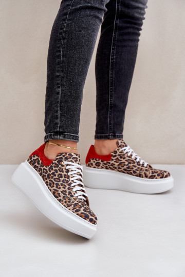Leer Sneakers model schoenen met platform met luipaardbontpatronen Zazoo 3346 bruin-rood 2