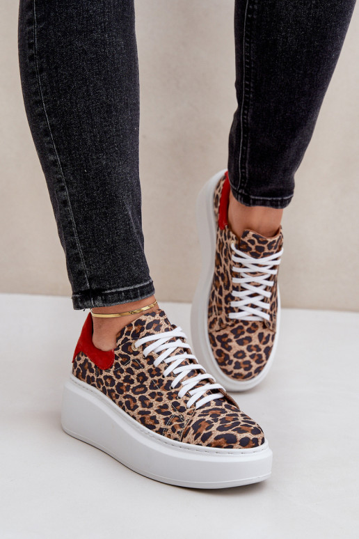 Leer Sneakers model schoenen met platform met luipaardbontpatronen Zazoo 3346 bruin-rood Leer Sneakers model schoenen met platform met luipaardbontpatronen Zazoo 3346 bruin-rood