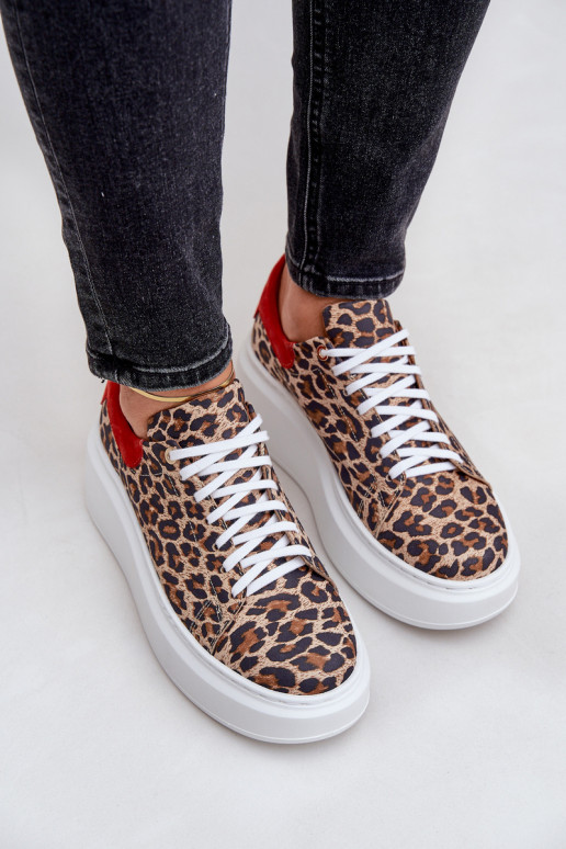 Leer Sneakers model schoenen met platform met luipaardbontpatronen Zazoo 3346 bruin-rood Leer Sneakers model schoenen met platform met luipaardbontpatronen Zazoo 3346 bruin-rood