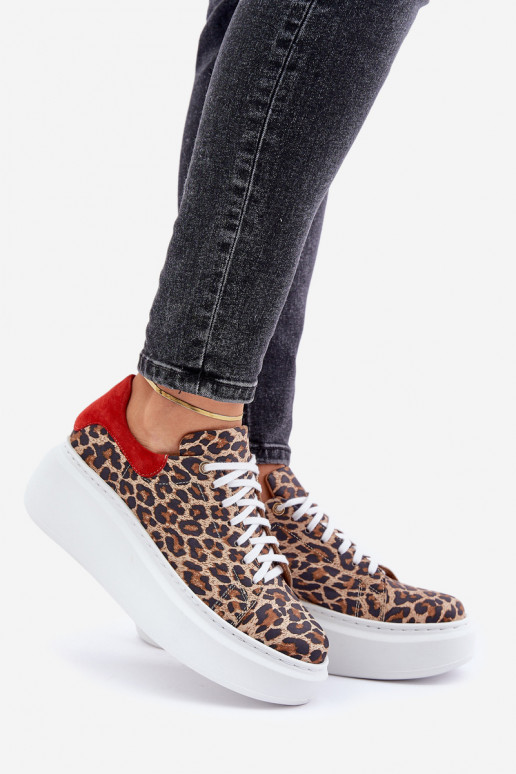 Leer Sneakers model schoenen met platform met luipaardbontpatronen Zazoo 3346 bruin-rood Leer Sneakers model schoenen met platform met luipaardbontpatronen Zazoo 3346 bruin-rood