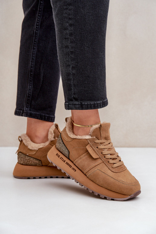 van suède Sneakers model schoenen Dames met bont I Błyszczącym Element Big Star OO274578 Hi-Poly System bruine kleur van suède Sneakers model schoenen Dames met bont I Błyszczącym Element Big Star OO274578 Hi-Poly System bruine kleur