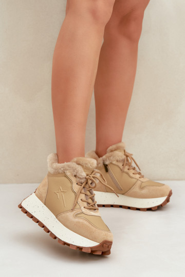 Leren dames sportschoenen met bont en platform Big Star OO274A330 zandkleurig 2