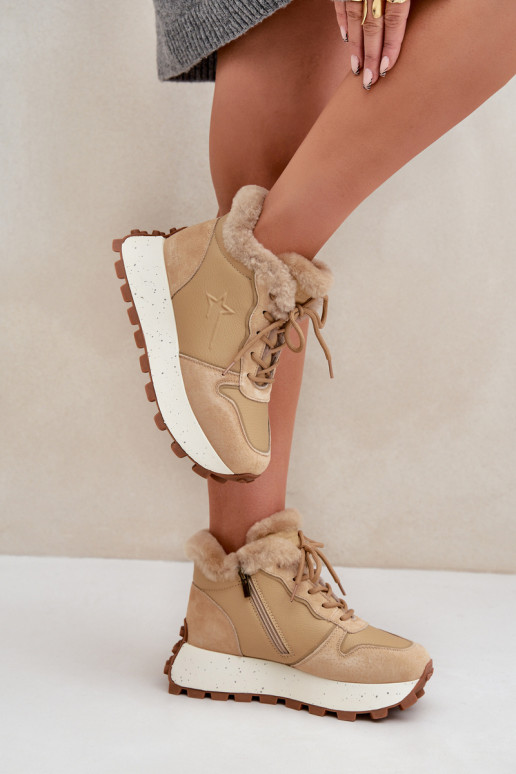 Leer Sneakers model schoenen schoenen Dames met bont met platform Big Star OO274A330 beige Leer Sneakers model schoenen schoenen Dames met bont met platform Big Star OO274A330 beige