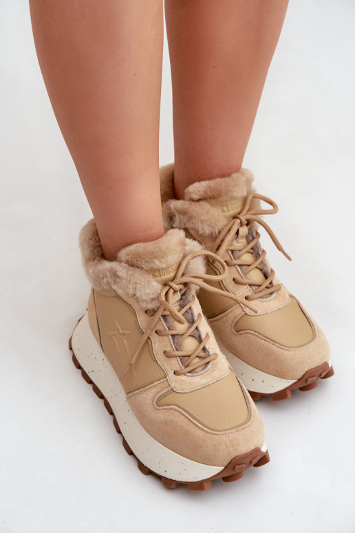 Leer Sneakers model schoenen schoenen Dames met bont met platform Big Star OO274A330 beige Leer Sneakers model schoenen schoenen Dames met bont met platform Big Star OO274A330 beige