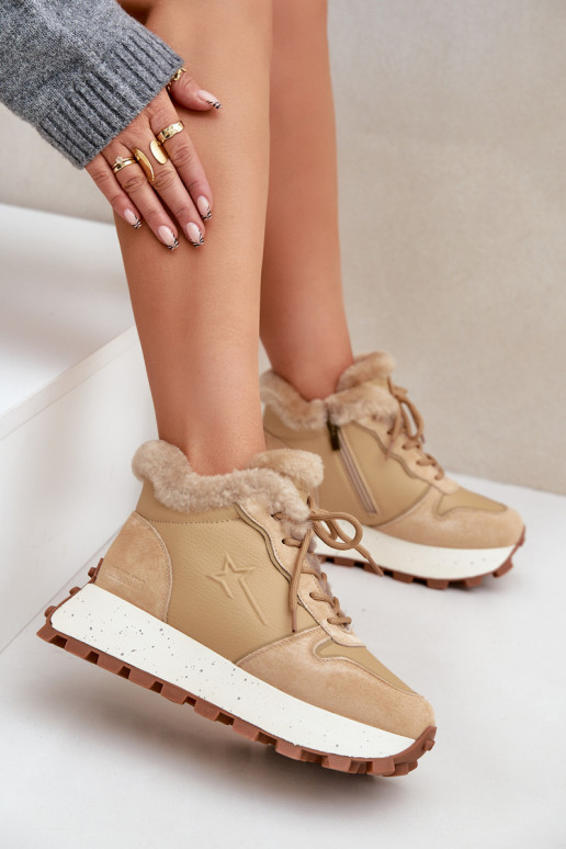 Leer Sneakers model schoenen schoenen Dames met bont met platform Big Star OO274A330 beige Leer Sneakers model schoenen schoenen Dames met bont met platform Big Star OO274A330 beige