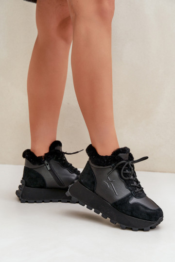 Leren dames sportschoenen met bont en platform Big Star OO274A329 zwart