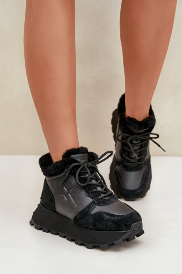 Leren dames sportschoenen met bont en platform Big Star OO274A329 zwart 2