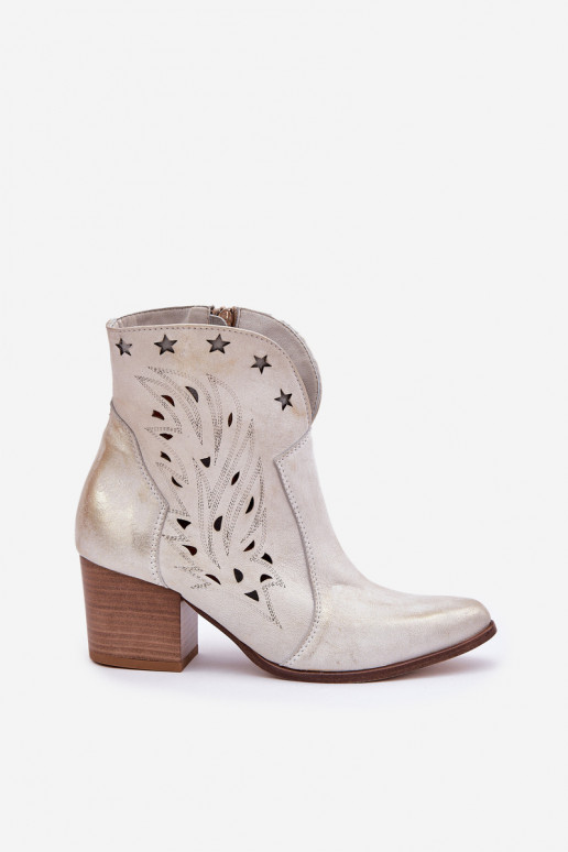 OpengeInerkte laarzen coInboystijl Leer met hakken LeInski 3613 gouden kleur Przecierany