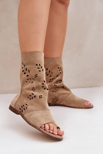 Dames suède sandalen met schacht Zazoo 3437 zandkleurig
