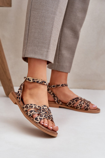 Dames sandalen met brede hakken en lederen leopardprint Zazoo 3688 bruine kleur 2