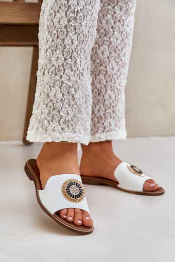 Leren slippers met ornamenten en brede hakken LeĮskis 3047/O witte kleur