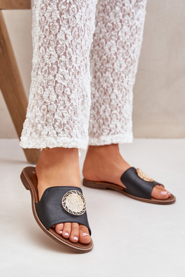 Leren slippers met ornamenten en brede hakken Zazoo 3047/O zwarte kleur 2
