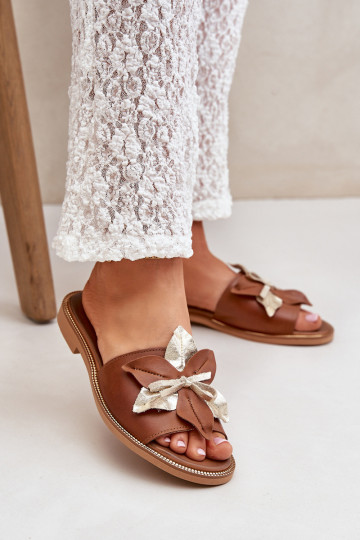 Natuurlijke leren slippers met ornamenten Zazoo 3574/Z bruine kleur 2