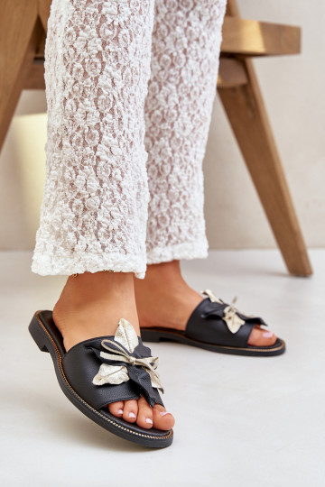 Natuurlijke leren slippers met ornamenten Zazoo 3574/Z zwarte kleur 2