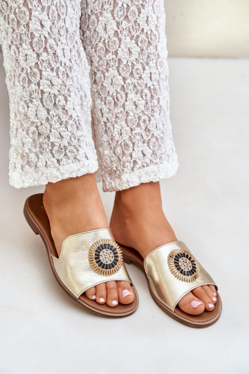 Leren slippers met ornamenten en brede hakken Zazoo 3047/O gouden kleur