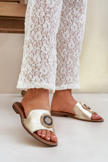 Leren pantoffels met ornamenten met brede hakken Zazoo 3047/O gouden kleur 2