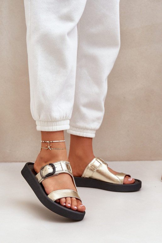 Leren pantoffels Dames met platform Zazoo 3024 gouden kleur Leren pantoffels Dames met platform Zazoo 3024 gouden kleur