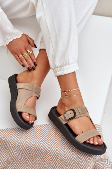 Dames suède pantoffels met platform Zazoo 3024 beige